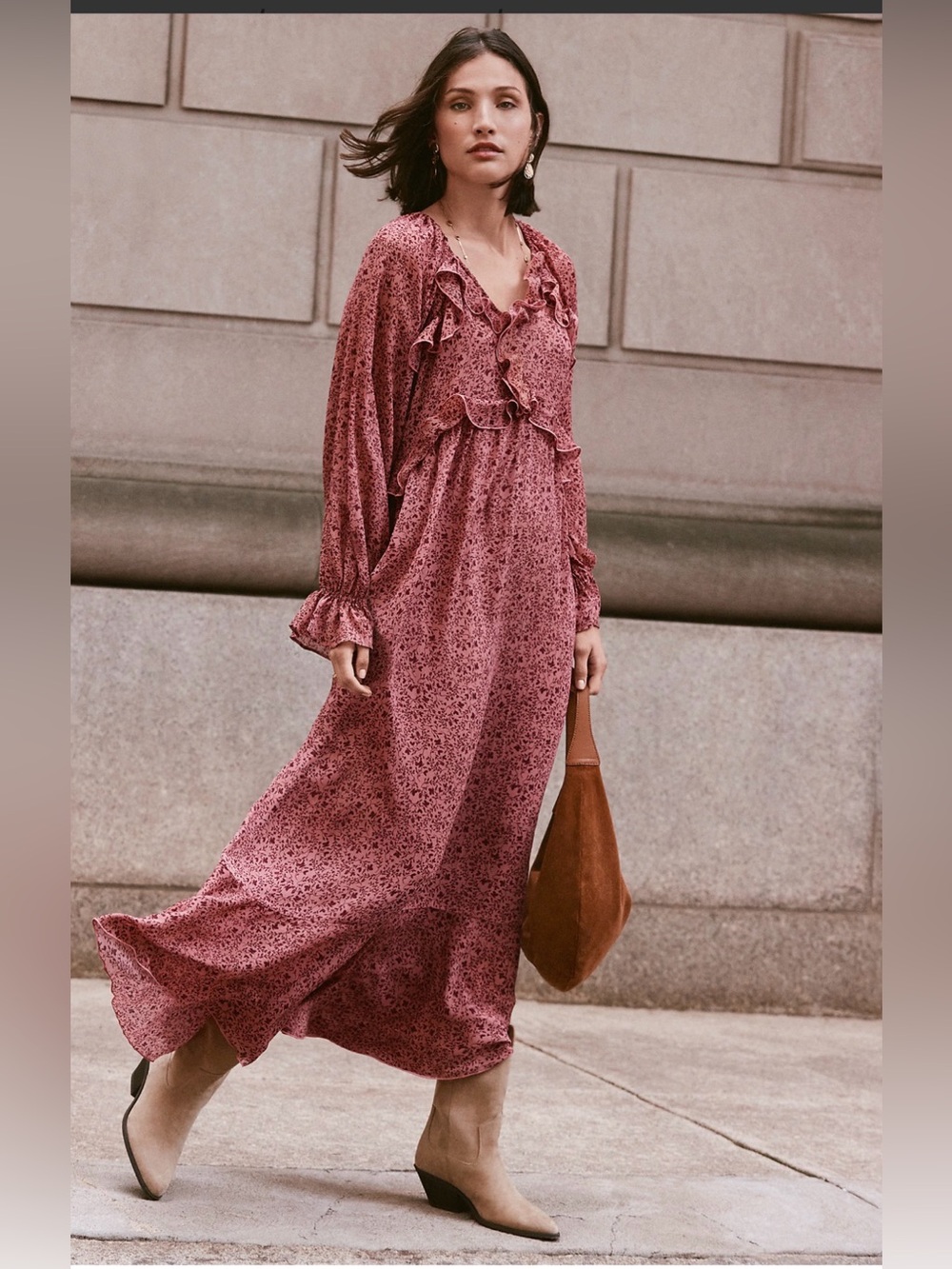 LOFT Dusty Rose Floral Ruffle V-Neck Maxi Dress